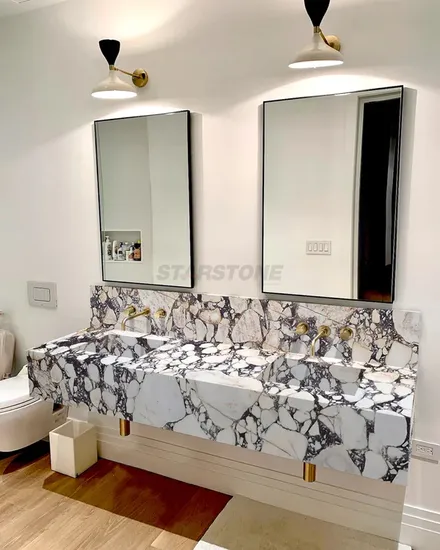Starstone Modern Wall Hanger Rectangle Floor Style Calacatta Viola Marble Vanity Cabinet Functional Washbasin Rectangle Sink 