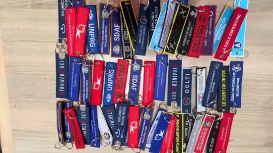 Fashion Custom Key Tag Embroidery Ribbon Woven Label Keyring Woven Embroidered Keychain 
